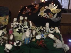 The angels sending the shepherds to Bethlehem to see the baby born in a stable.  Thanks to Toddlers' Club